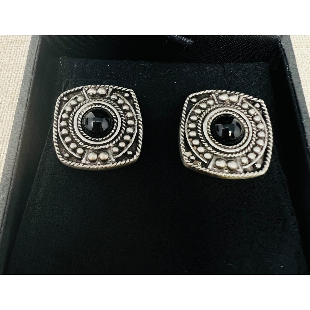 Sterling Silver Black Onyx Square Stud Earrings Boho Southwestern Style